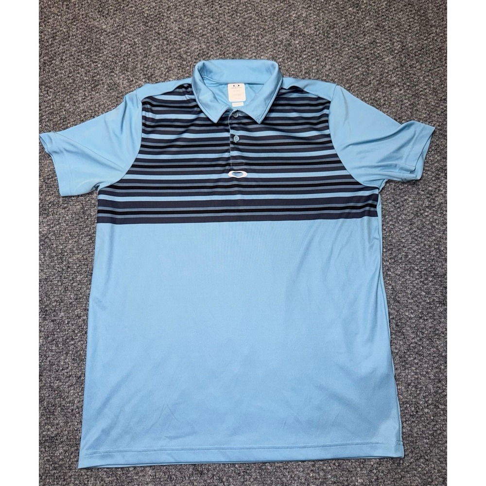 Oakley Regular Fit Blue/Navy Striped Short Sleeve Polo Shirt Logo Size L